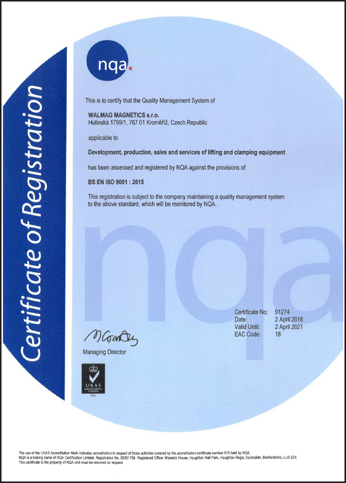 Зображення сертифіката якості ISO 9001 Walmag Magnetics s.r.o.